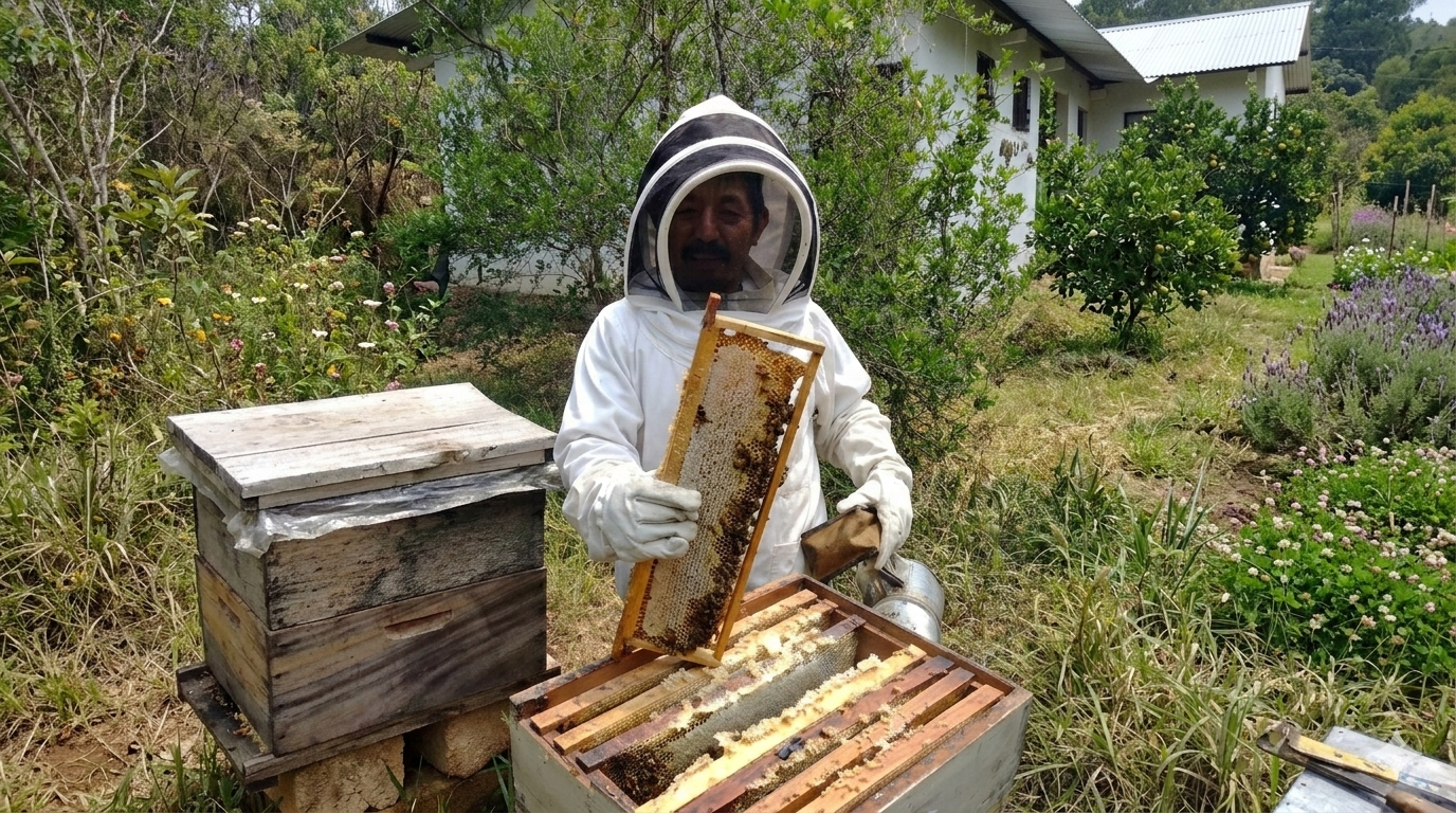 Apicultor en Finca San Miguel sosteniendo un marco de panal de miel