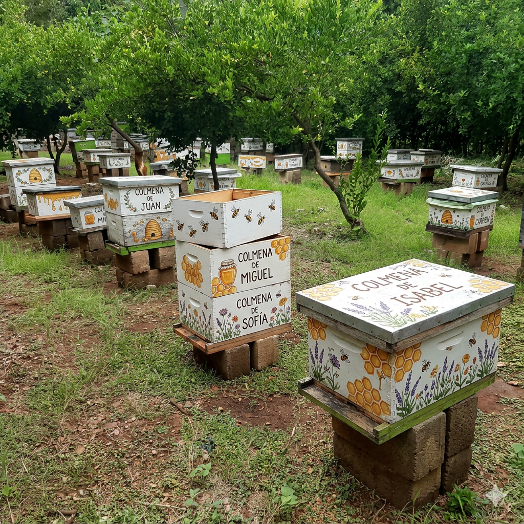 Colmenas apadrinadas con nombres pintados en Finca San Miguel